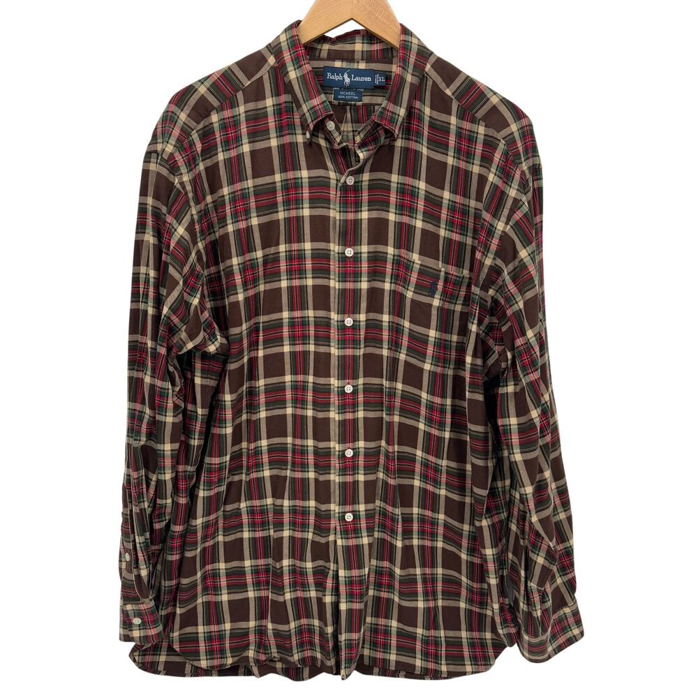 Ralph‎ Lauren Shirt Mens XL MCMEEL Brown Plaid Flannel Button Down Vintage